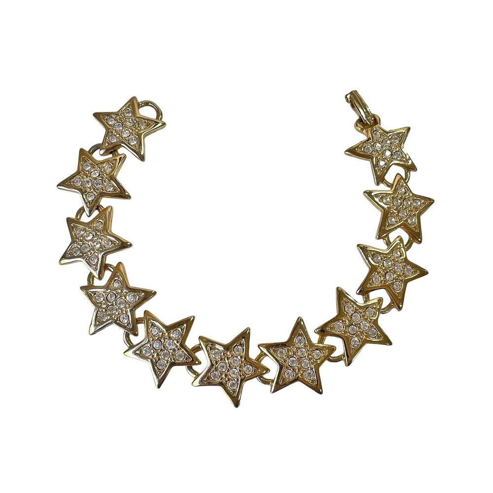 1990s Signed MOD Gold Plate Pave Set White Rhinestones Vtg Star Link Bracelet
